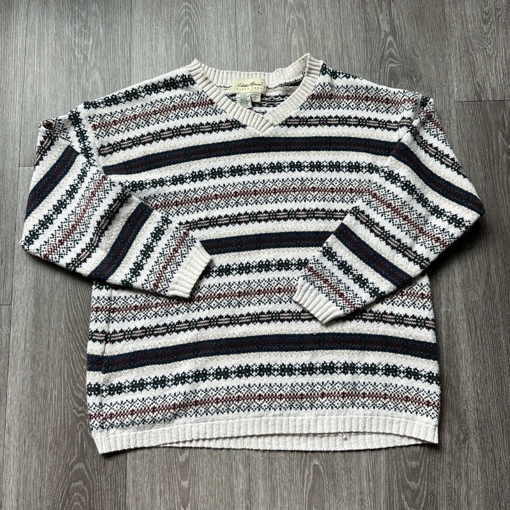 Eddie Bauer Vintage 90s Women's Striped V-Neck Sweater Size M